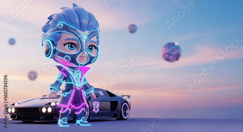 Chibi character in glamorous futuristic neon outfit standing beside retro sports car with glowing pastel sunset sky background