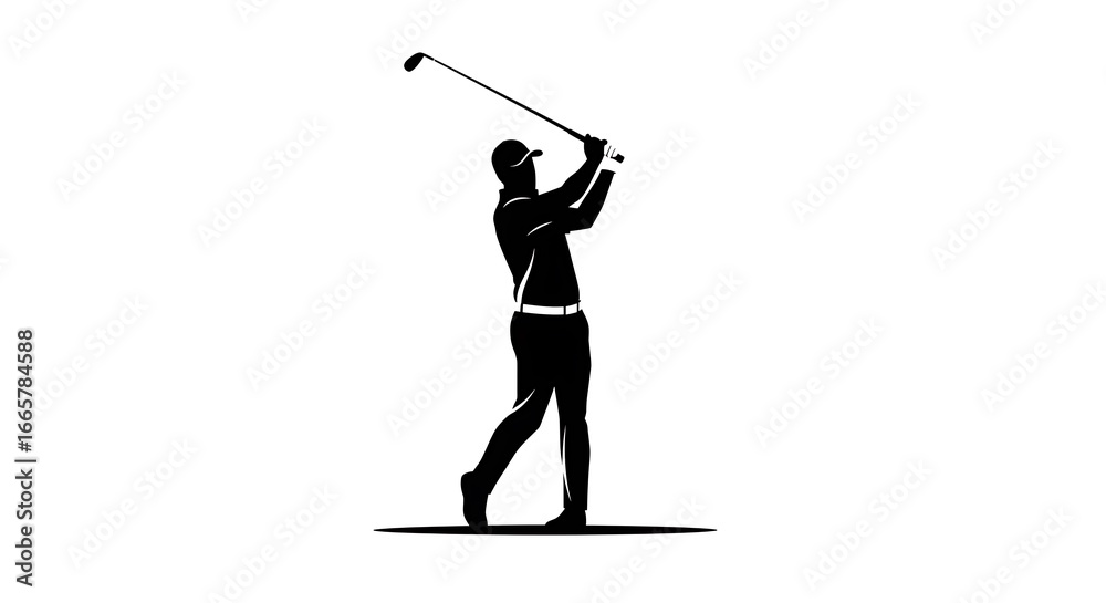 Fototapeta premium Silhouette of a Golfer Swinging Club Against White Background