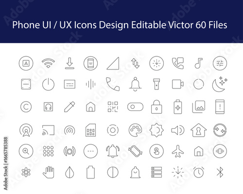 UI/UX Icon Designs: A comprehensive collection of UI/UX icons for mobile phone interfaces, including symbols for connectivity, settings, and notifications. Modern and sleek.