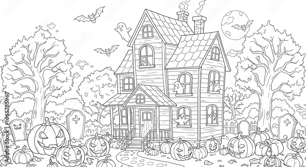 Obraz premium Spooky Halloween Scene: Haunted House, Pumpkins, Ghosts, Bats, and Full Moon