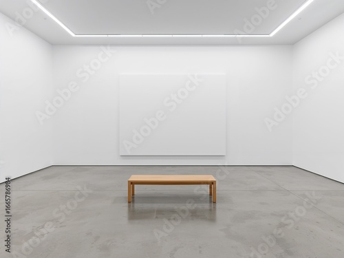 A clean, empty art gallery with a large blank canvas and a simple bench. A minimalist mockup for art, design, or branding.