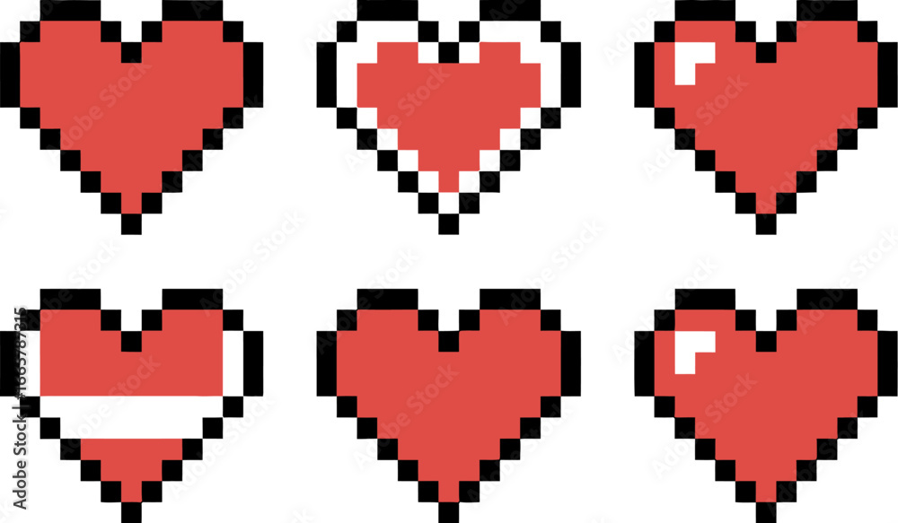 Fototapeta premium Pixel art hearts collection red game style vector graphics