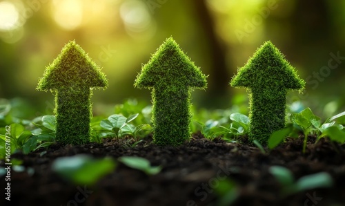 Illustration of upward-pointing arrows made of lush green grass, symbolizing eco-friendly progress, sustainable development, and positive growth in environmental practices, Generative AI
