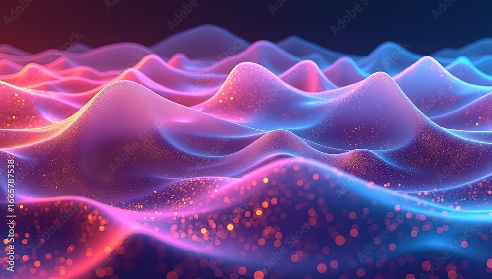 Fototapeta premium Vibrant neon-colored liquid waves with glowing particles drifting through cinematic lighting. A futuristic abstract art piece with smooth gradients and luminous effects.