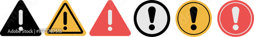 Collection of diverse warning and exclamation signs for caution and alerts