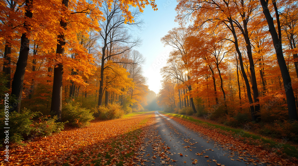 Fototapeta premium Beautiful scenic autumn forest landscape with a winding road covered in colorful fallen leaves.