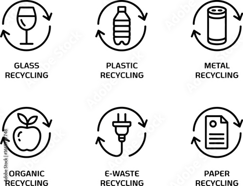 Diverse recycling icons representing glass, plastic, metal, organic, e-waste, and paper materials for environmental awareness.