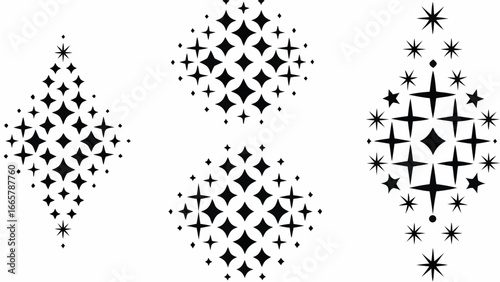 Three diamond shaped starburst patterns with varying star sizes and densities in black and white style