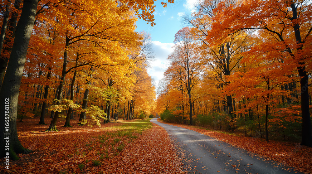 Fototapeta premium Beautiful scenic autumn forest landscape with a winding road covered in colorful fallen leaves.