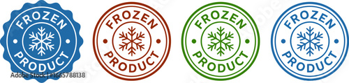 Collection of blue circular stamps with snowflake and text indicating frozen product