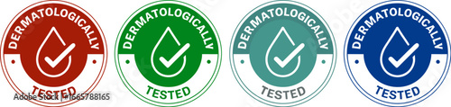 Four green circular badges with checkmarks and water drops indicating dermatologically tested
