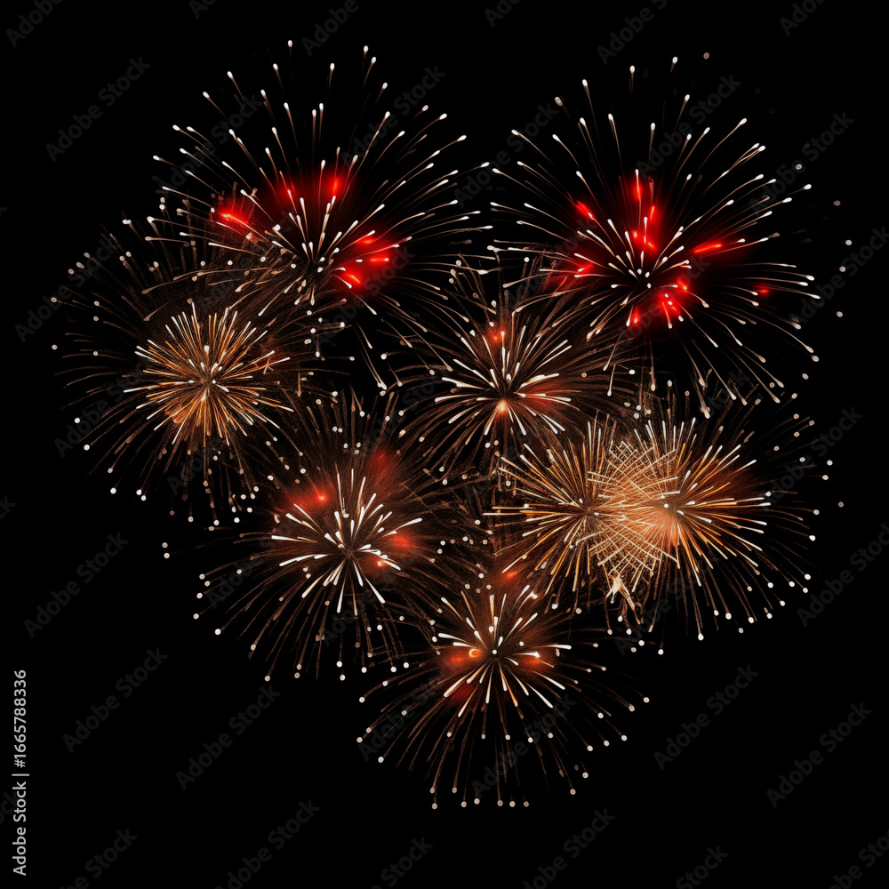 Naklejka premium Gold Spark Firework Texture Radiant Pattern, Isolated on Black, Vibrant Fireworks Texture Burst on Black Night Sky, Dynamic Starburst Firework Texture for Party, Festival, and Celebration Backdrops