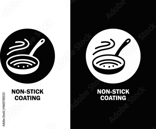 Iconic symbols representing non stick coating on cooking pans in black and white