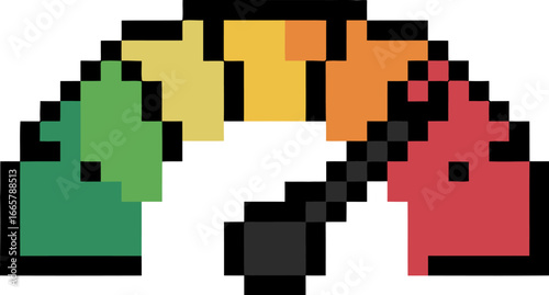 Pixelated speedometer gauge showing performance from green to red