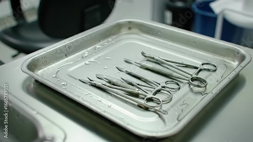 A wet stainless steel tray holding shiny metal medical instruments on a metal surface