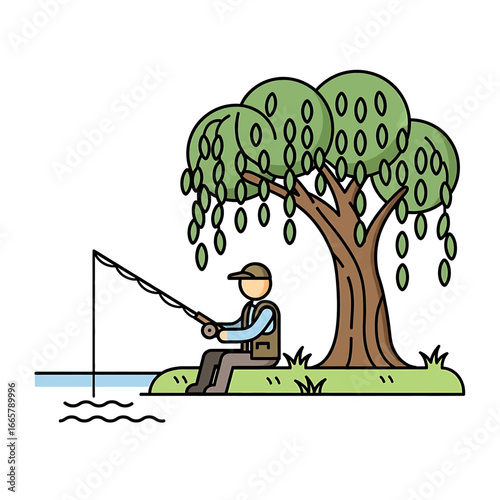 Fisherman Sitting Vector Minimalist Style Fishing Rod Water Tree Riverside Tranquil Recreation high quality professional