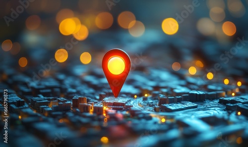 Image of geofencing technology, illustrating a miniature city model with a large geo pin, symbolizing the use of geofencing for marketing, security, and logistics in urban areas, Generative AI