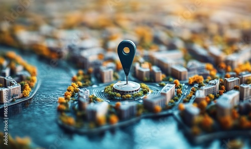 Image of geofencing technology, illustrating a miniature city model with a large geo pin, symbolizing the use of geofencing for marketing, security, and logistics in urban areas, Generative AI