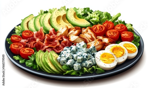 Culinary illustration of salad with chopped tomatoes, crispy bacon, diced chicken, hard-boiled eggs, avocado slices, blue cheese, and mixed greens, drizzled with creamy dressing, Generative AI