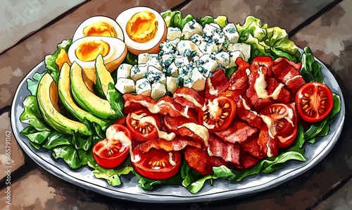 Culinary illustration of salad with chopped tomatoes, crispy bacon, diced chicken, hard-boiled eggs, avocado slices, blue cheese, and mixed greens, drizzled with creamy dressing, Generative AI