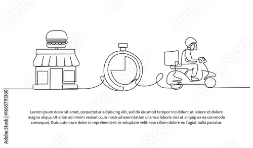 Continuous line design of timely food delivery. Single line decorative element drawn on white.