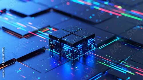 Futuristic glowing cubes on a technological grid abstract data flow visualization, digital