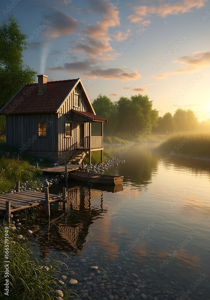 Obraz premium Rustic cabin by tranquil river at dawn