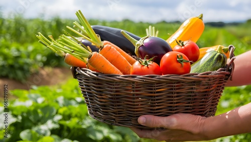 Hand holding a basket full of fresh vegetables in the field. Basket of organic vegetables.