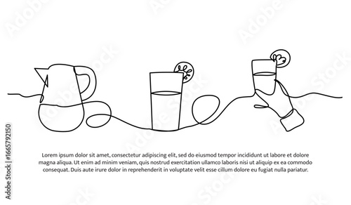 Continuous line design of a pitcher containing a drink and served using a glass. Single line decorative element drawn on white.