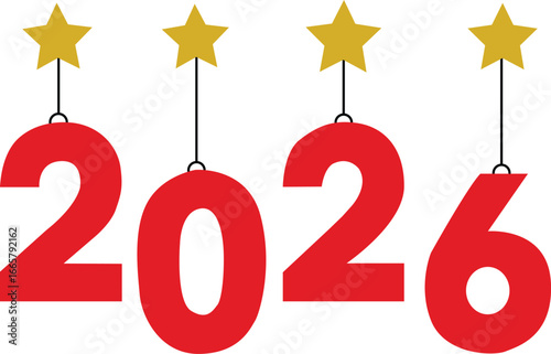 Bright red 2026 numbers with golden stars hanging celebrating new year festive occasion white background