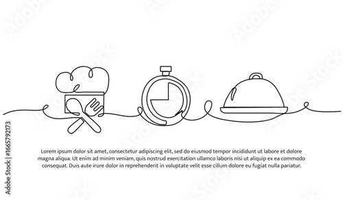Continuous line design of serves food quickly. Single line decorative element drawn on white.