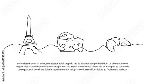 Continuous line design of france, the country of cheese. Single line decorative element drawn on white.