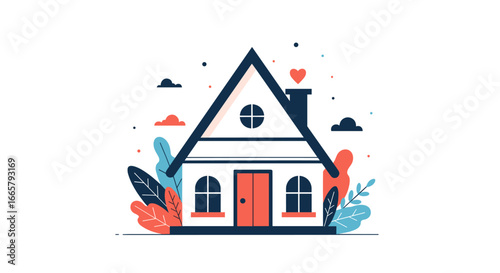 Cozy family home nestled among lush greenery and blooming flowers under a blue sky with delicate clouds