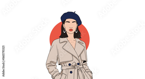 Elegant fashionable woman wearing a trench coat and beret with a retro style and classic aura