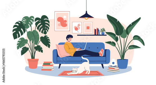 A young person relaxing on a blue sofa in a brightly lit room filled with lush green plants and a stretching cat