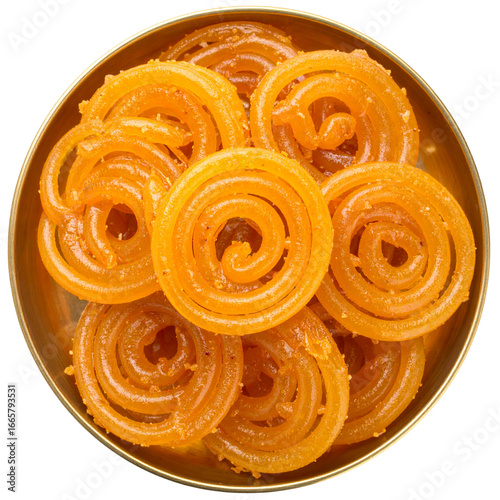  Golden Jalebi in Traditional Dish, Top-Down View, isolated on transparent background