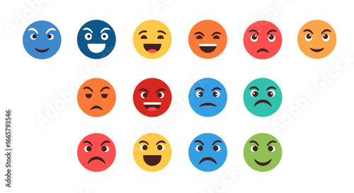 A collection of diverse emotional faces expressing various feelings and moods in a colorful arrangement