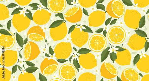 Vibrant citrus delight a refreshing pattern of juicy lemons and blossoms adorned with lush green leaves