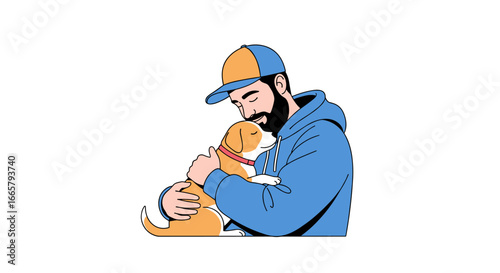 A man in a blue hoodie and baseball cap gently holds and cuddles a small orange and white puppy expressing affection and companionship