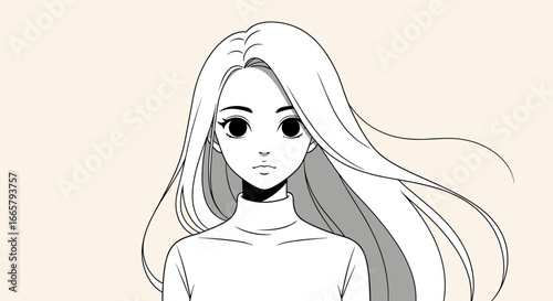 An anime girl with long flowing hair looks forward with a gentle expression in this black and white illustration