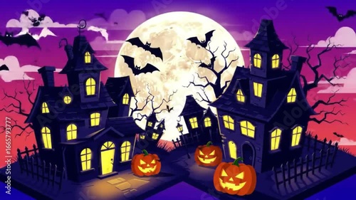 Spooky Halloween Night Festive Illustration of Haunted Houses, Pumpkins, and Bats Under a Full Moon