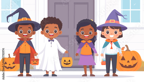Joyful group of diverse children in cute Halloween costumes ready for trick-or-treating with spooky jack-o'-lanterns