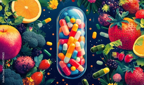 Illustration of clear capsule overflowing with essential multivitamins and dietary supplements, surrounded by an assortment of vibrant vegetables and fruits, symbolizing a health, Generative AI