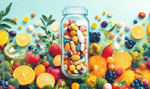 Illustration of clear capsule overflowing with essential multivitamins and dietary supplements, surrounded by an assortment of vibrant vegetables and fruits, symbolizing a health, Generative AI