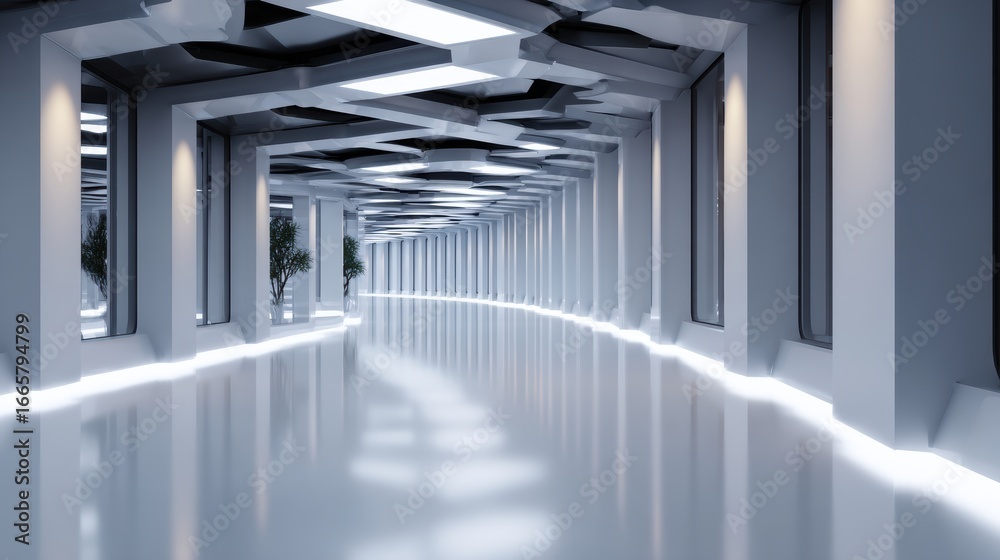 Obraz premium Modern futuristic hallway with sleek white floors and ambient lighting, featuring minimalist design elements