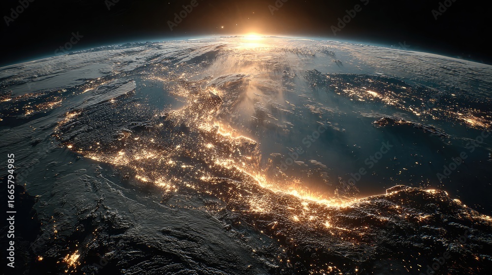 Fototapeta premium Earth's illuminated cities, sunrise view from space