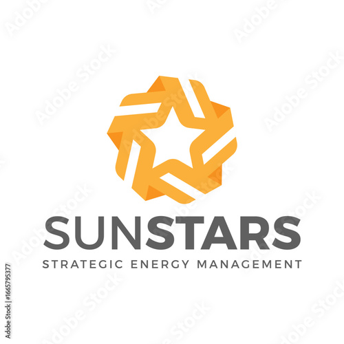 Modern sun and star logo for strategic energy. This solar award symbol represents innovation, success, and renewable power. The abstract loop icon signifies infinite solutions and corporate excellence