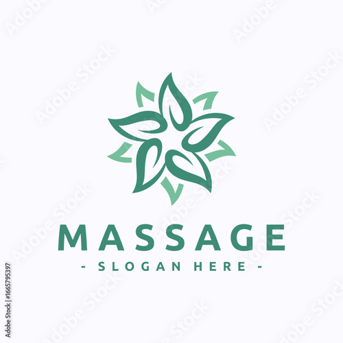 Elegant massage logo design with floral abstract shape. Suitable for spa, wellness center, beauty salon, therapy, yoga, and relaxation business branding.