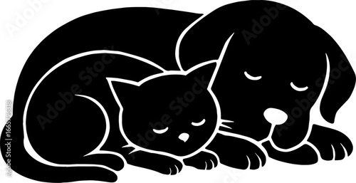 Dog and Cat Sleeping Side by Side - Cute Animal Silhouette Illustration With White Background 
