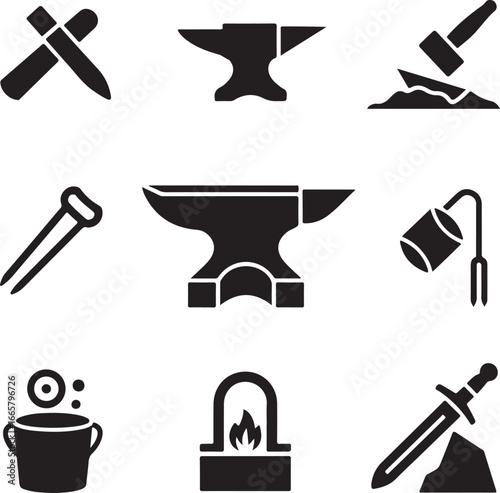 bladesmith, tools, collection, metalsmith, traditional, craft, forging, medieval, sword, making, simple, solid, icon, set, vector